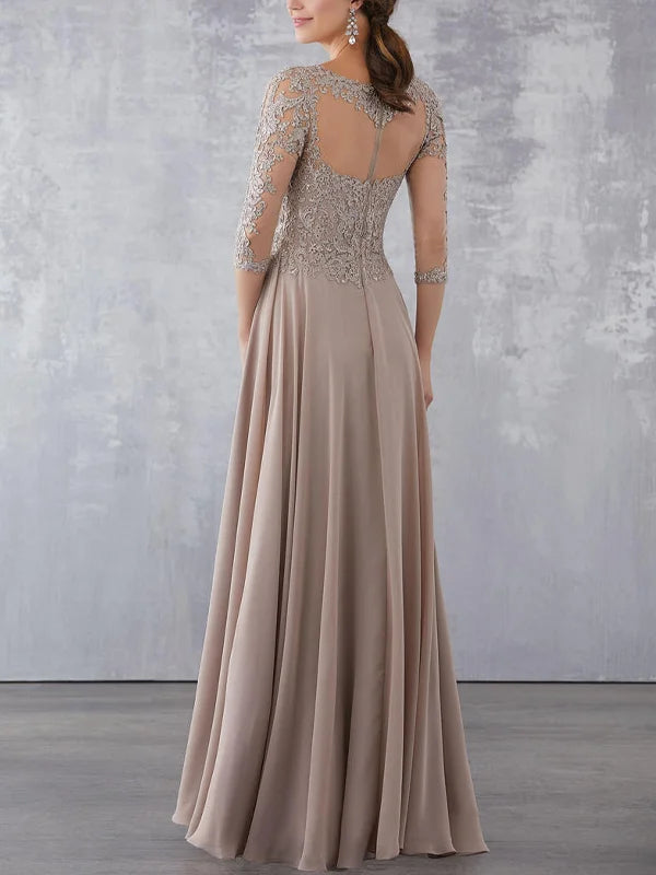 Formal Women's Dresses Round Neck Lace Long Sleeve Maxi Dress Free Custom Size Mother of the Bride Dress